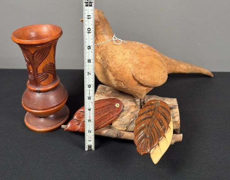 Wooden Carved Pheasant & Wooden Vase