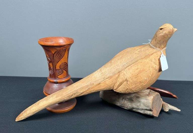 Wooden Carved Pheasant & Wooden Vase