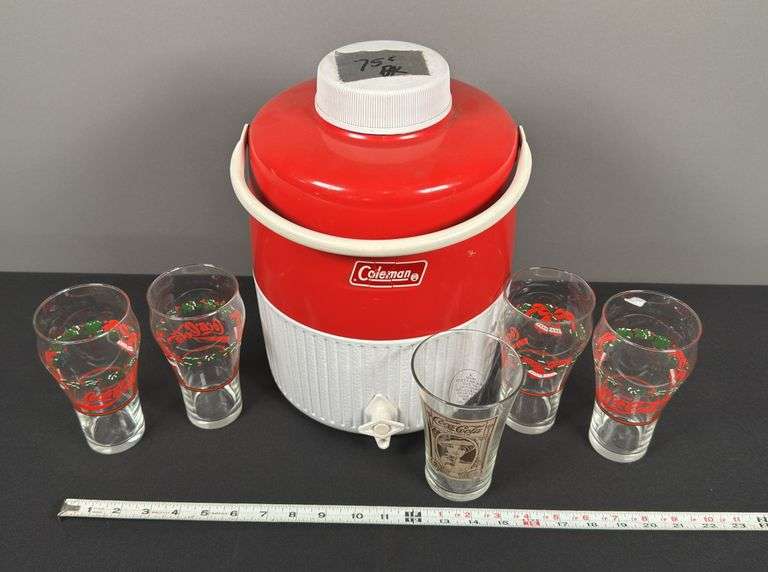 Coca-Cola Glasses & Coleman Dispenser Cooler