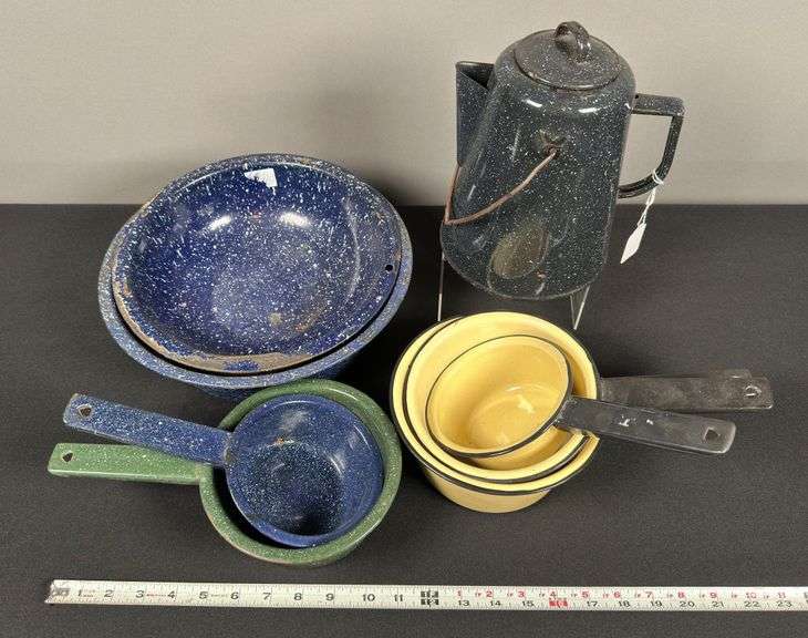Enamel Ware Pots, Pans, & Tea Pot
