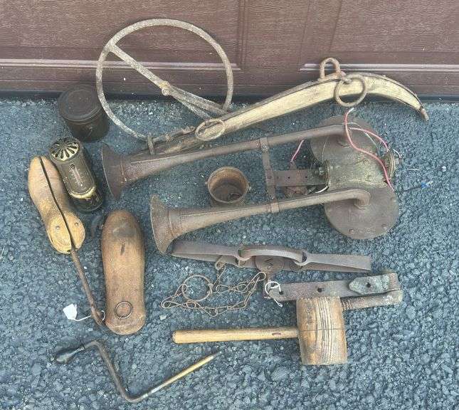 Vintage Train Horn, Foothold Trap, Wooden Mallet & Misc.