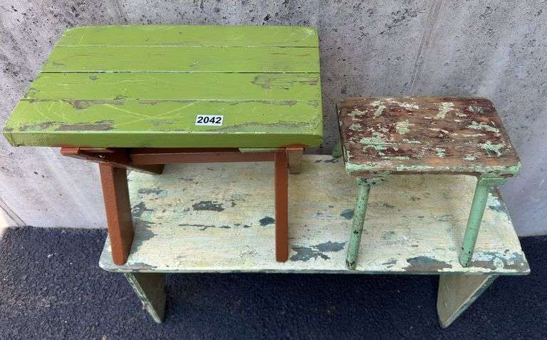 Wooden Bench & Pair of Stools