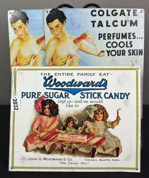 (2) Colgate Talcum Perfumes Advertising Signs & Woodward’s Pure Sigur Stick Candy Sign image