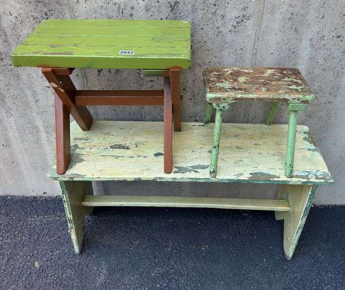 Wooden Bench & Pair of Stools