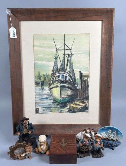 Nautical figurines and Framed Sail Boat Picture image