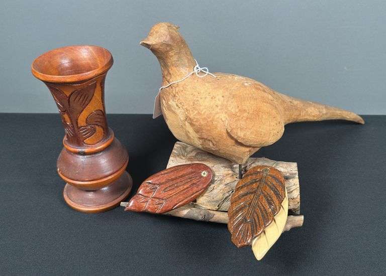 Wooden Carved Pheasant & Wooden Vase