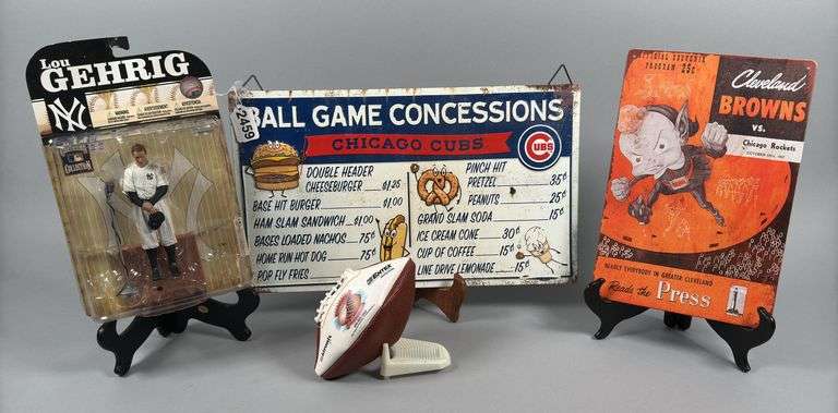Lou Gehrig Figurine, Cleveland Browns Sign, and Embossed Chicago Cubs Sign image
