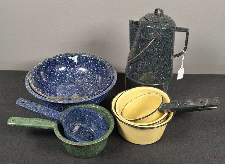 Enamel Ware Pots, Pans, & Tea Pot