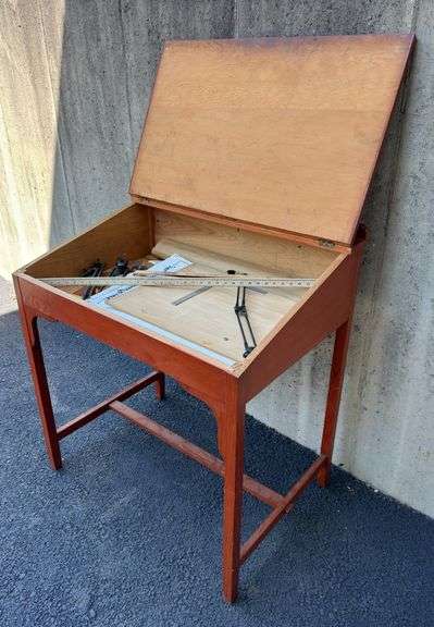 Wooden Slant Top Desk & Architect Drawing Supplies