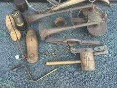 Vintage Train Horn, Foothold Trap, Wooden Mallet & Misc.
