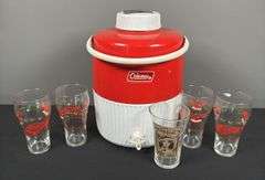 Coca-Cola Glasses & Coleman Dispenser Cooler