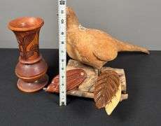 Wooden Carved Pheasant & Wooden Vase