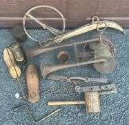 Vintage Train Horn, Foothold Trap, Wooden Mallet & Misc.