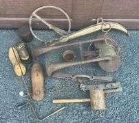 Vintage Train Horn, Foothold Trap, Wooden Mallet & Misc.
