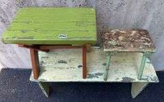 Wooden Bench & Pair of Stools