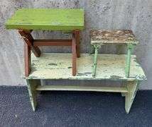 Wooden Bench & Pair of Stools