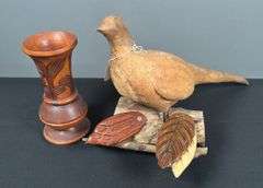 Wooden Carved Pheasant & Wooden Vase