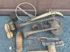 Vintage Train Horn, Foothold Trap, Wooden Mallet & Misc.