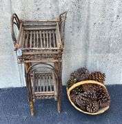 Twig Shelf, Weaved Basket, & Decorative Pine Cones