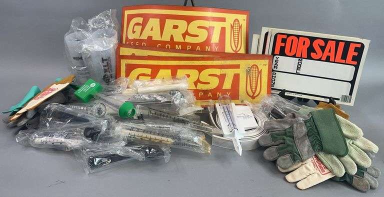 Large Lot Of New Rain Gauges Gloves Garst Magnetic Signs For Sale Signs Belt Leather Herbicide Measuring Cups image