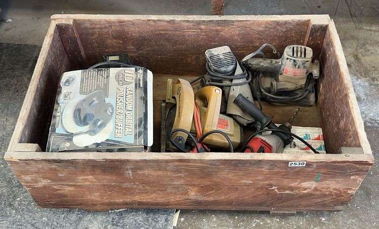 Rolling Wooden Crate with Power Tools image