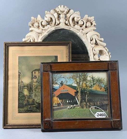 Framed Photo of Jackson N.H. Covered Bridge, Art of Italian Canal, and Decorative Oval Mirror image