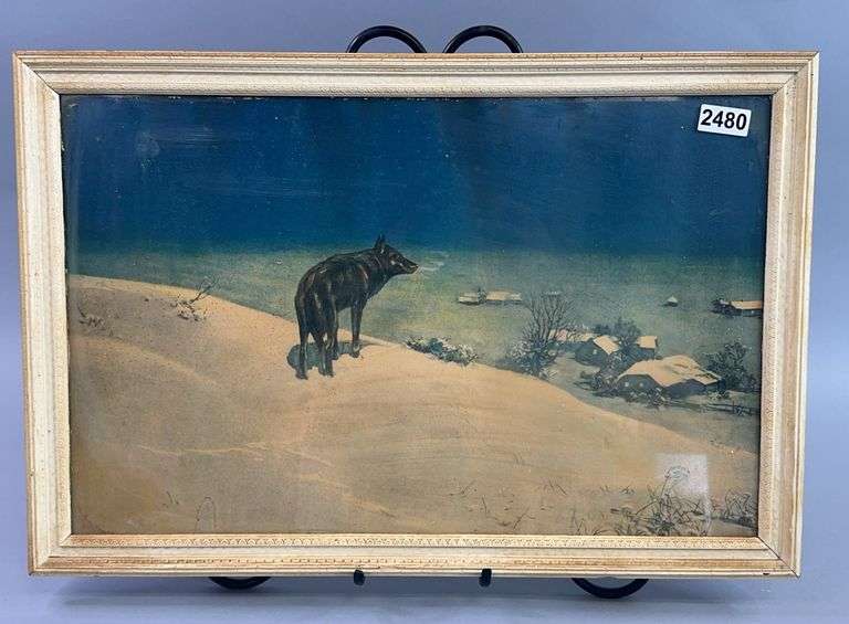 Vintage Lone Black Wolf Picture In Wooden Frame image
