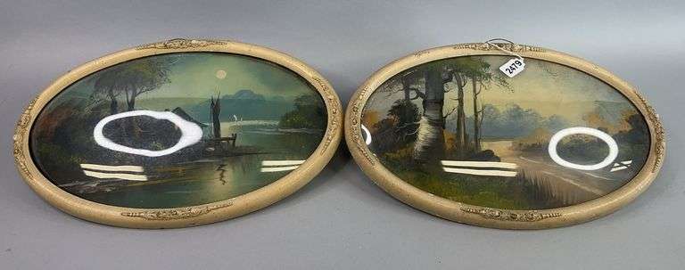 Lot Of Two Vintage Oval Hand Painted Pictures image