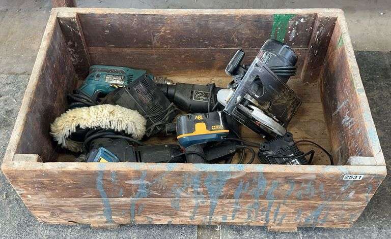 Rolling Wooden Crate with Power Tools image