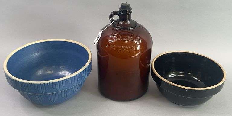 Two Crock Bowls Large Brown Bacili=Kil  Glass Jug image