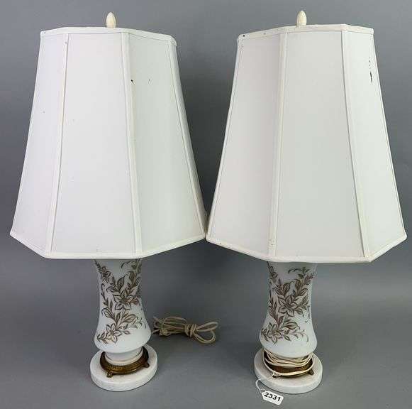 Pair of White Satin Glass Table Lamps with Gold Accent image