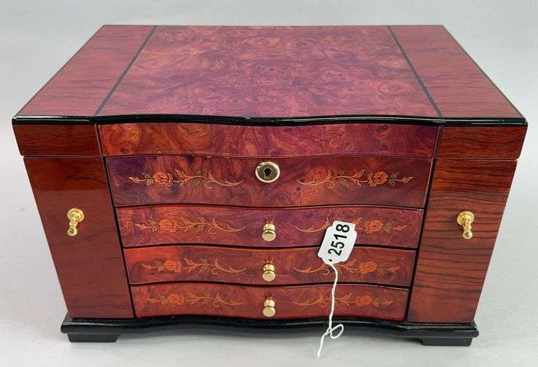 Wooden Jewelry Box & Contents With Key image