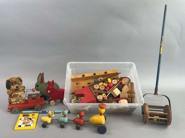 Small Tote Of Wooden Blocks Various Vintage Childs Push And Pull Toys image