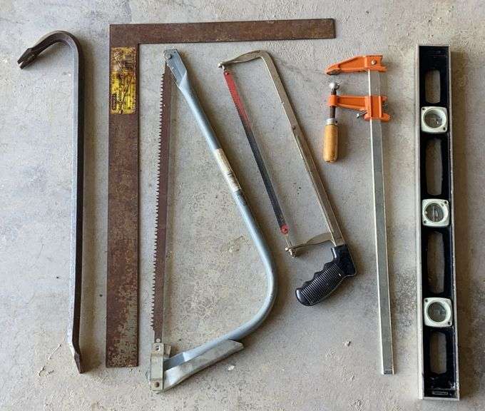 Level, Hand Saw, Vise, and Wrecking Bar image