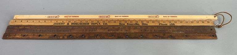 Four Vintage Wooden Yardsticks Case IH Jauert & Hoelscher Implement New Knoxville Ohio Massey Harris Swongers Furniture Wapakoneta Ohio image