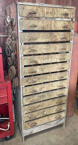 Wooden Nut & Bolt Organizer Cabinet & Contents image