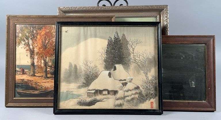 Three Cozy Art Pictures and a Simple Wooden Framed Mirror image