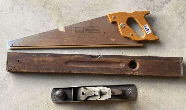 Bailey No. 5 Plane, Hand Saw, and Level image