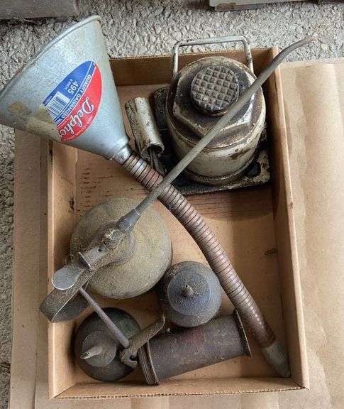 Lot of Oil Cans, Funnel, and Jack image