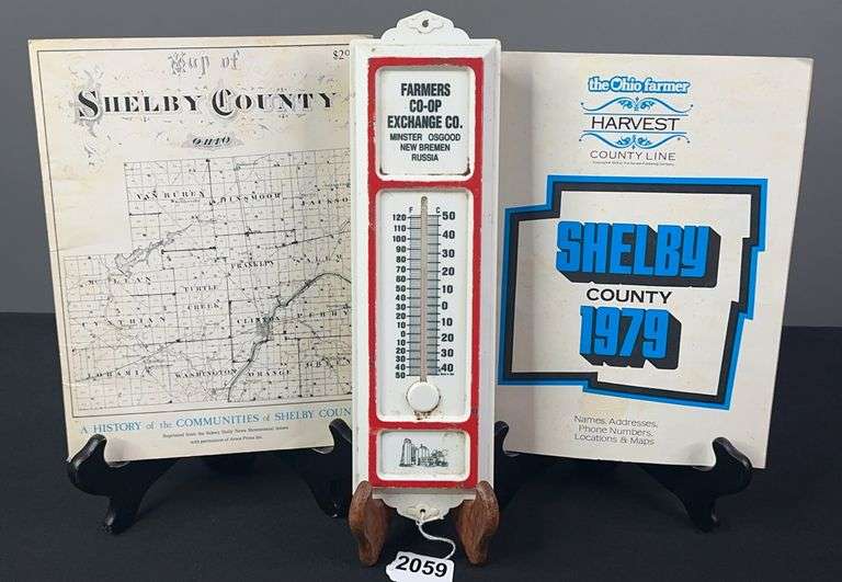 Farmers CO-OP Exchange Co. Thermometer & Shelby County Historical Hand Books image