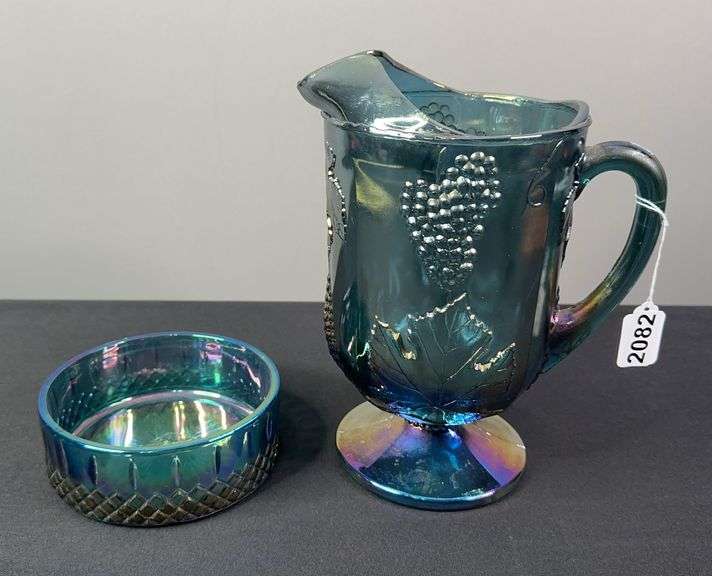 Vintage Indiana Blue Carnival Glass Pitcher and Dish image