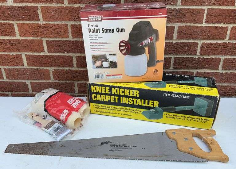 Saw, Carpet Installer (KneeKick), Paintbrush and Rollers, and Electric Paint Spray Gun image