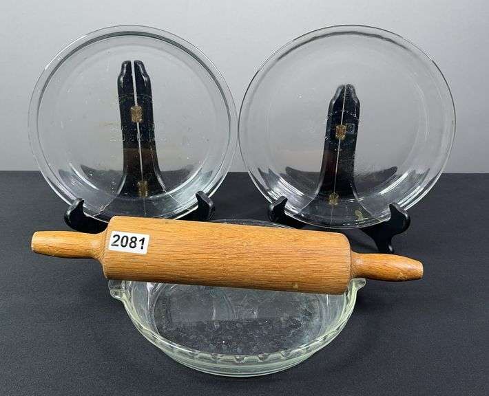 2 Glass Pie Pans and Rolling Pin image