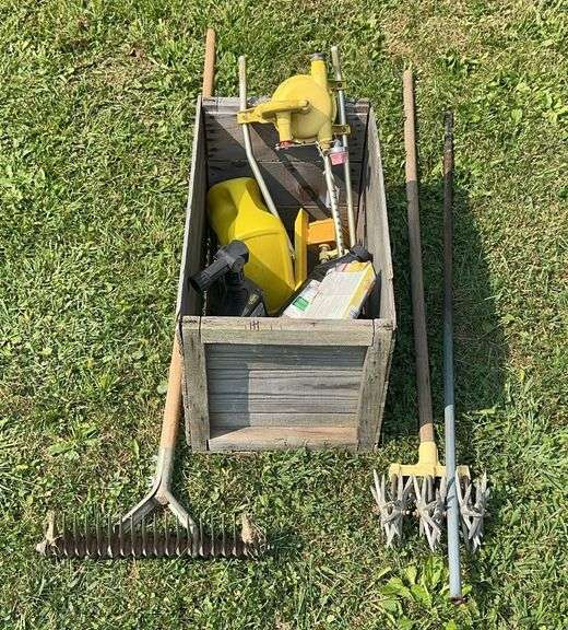 Wooden Crate with Lawn Tools, Sprinklers & Insecticide image