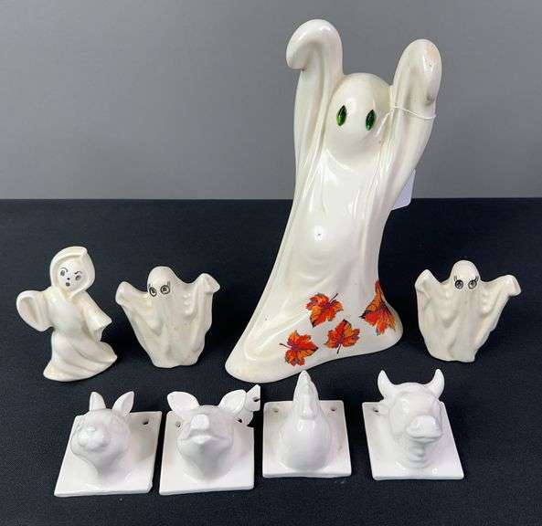 (4) 1978 Vintage Porcelain Ghosts and (4) Japanese Porcelain Barnyard Animal Heads image