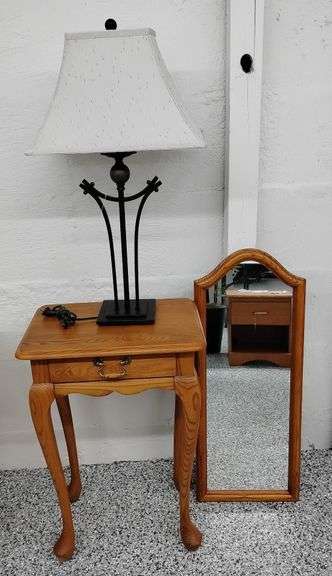 Modern Lamp, Small Side Table, and Mirror image