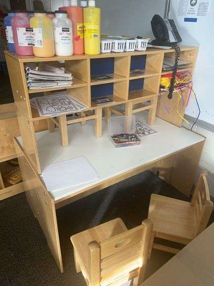 Rolling storage cart and art desk with chairs image