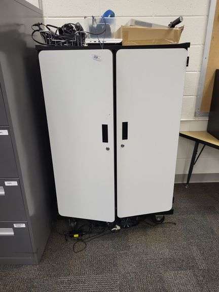 Rolling storage cabinet w/power- computers and contents on and around not included image