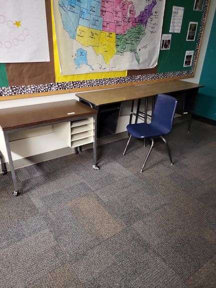 3 school desks, 1 blue chair image