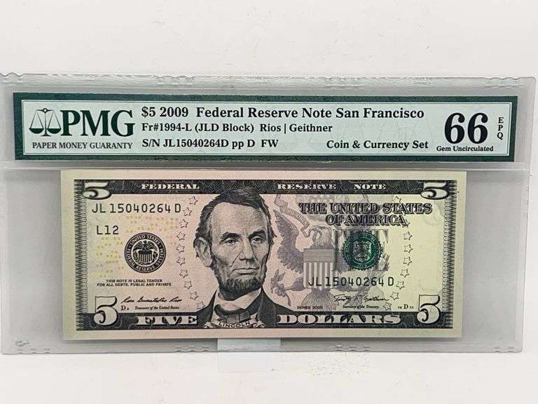 2009 5 Dollar Federal Reserve Note San Francisco PMG 66 Graded image